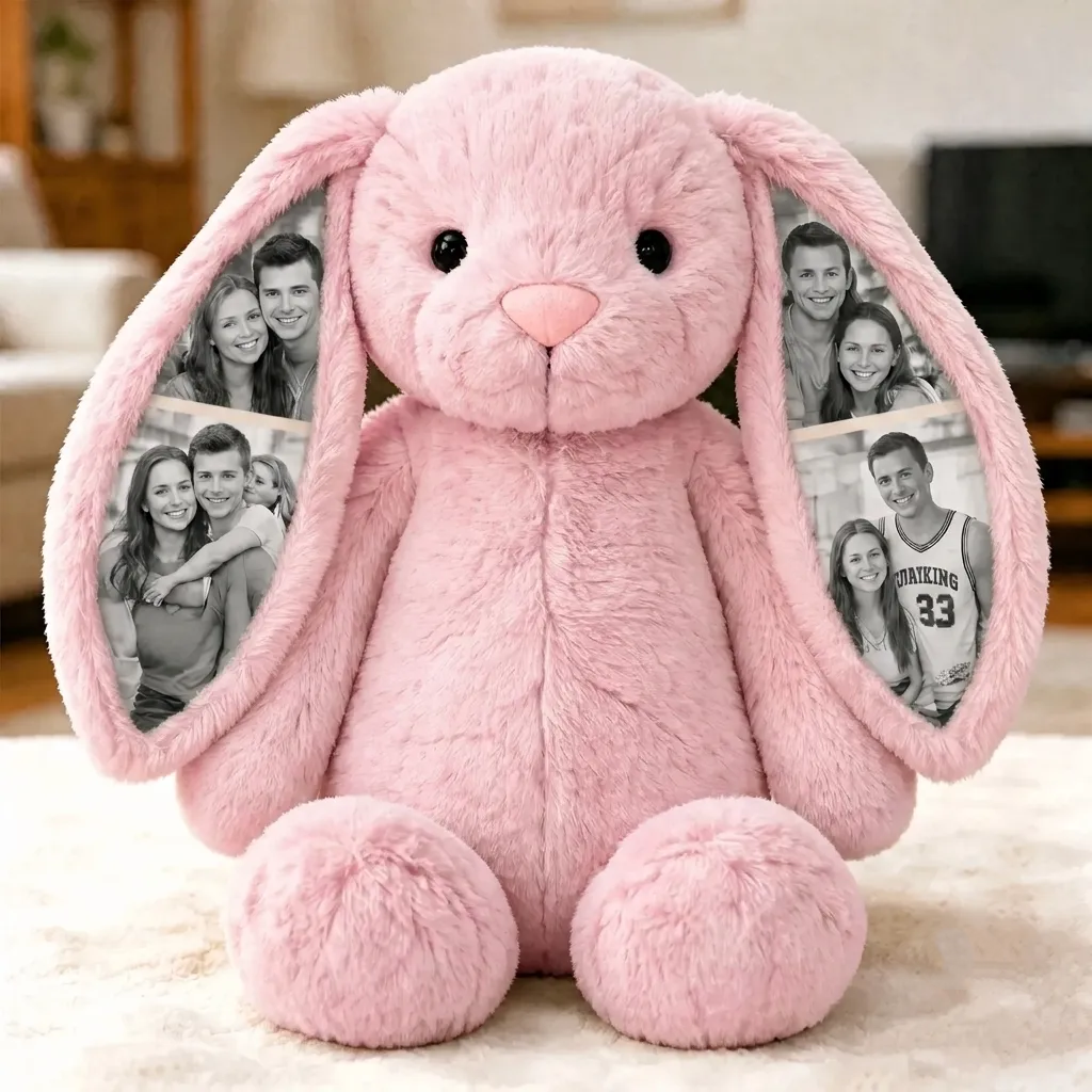 Custom Photo Bunny Plush – Personalized Hidden Ear Picture Bunny Gift for Couples Anniversary Gifts
