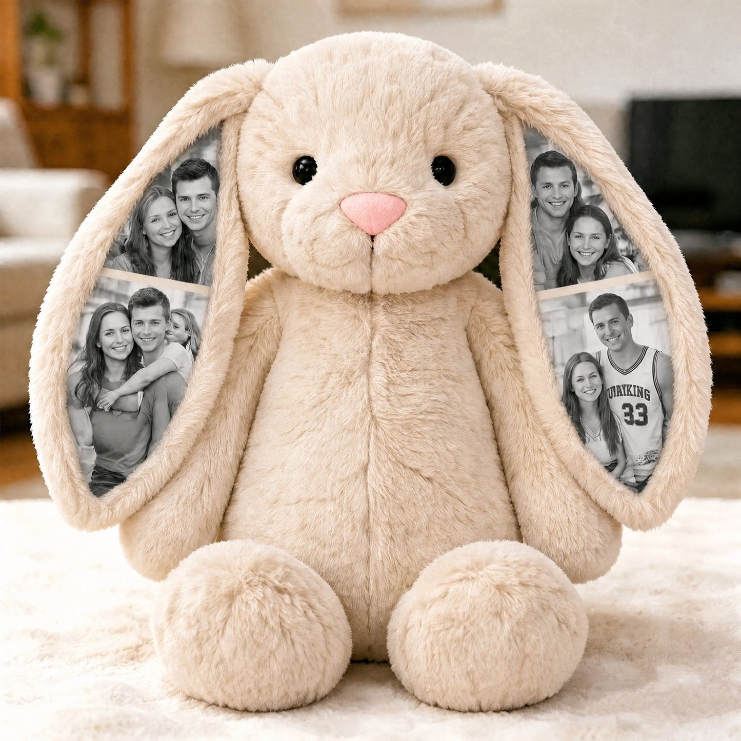 Custom Photo Bunny Plush – Personalized Hidden Ear Picture Bunny Gift for Couples Anniversary Gifts