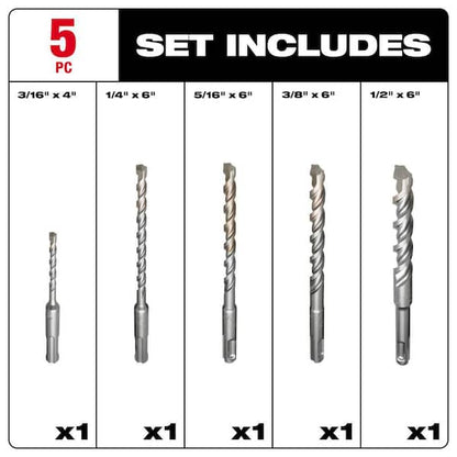2-Cutter SDS-PLUS Carbide Hammer Drill Bit Set (5-Piece)