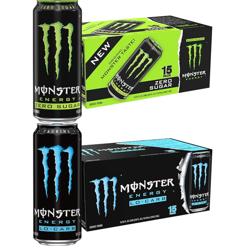 Monster Energy Zero Sugar, Green, Original, 16oz (Pack of 15) + Monster Energy, Lo-Carb Monster, 16oz (Pack of 15) | Monster Energy Bundle (Pack of 30)