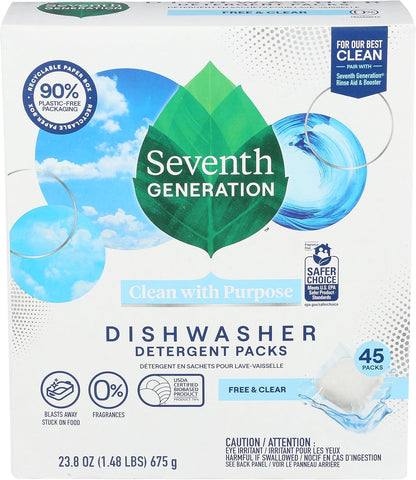 Seventh Generation Dishwasher Detergent Packs, Free & Clear, 45 Count, Pack of 2, Plant Powered Cleaning, Fights Greasy Reside & Stuck-On Food For Sparkling Dishes, Fragrance-Free & Septic Safe