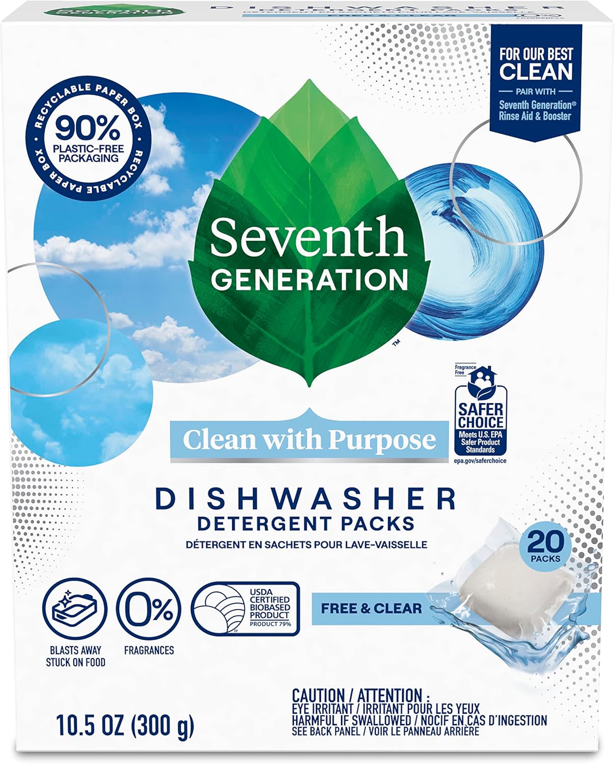 Seventh Generation Dishwasher Detergent Packs, Free & Clear, 45 Count, Pack of 2, Plant Powered Cleaning, Fights Greasy Reside & Stuck-On Food For Sparkling Dishes, Fragrance-Free & Septic Safe