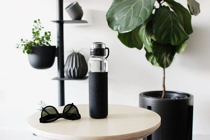 17oz Glass Water Bottle With Silicone Sleeve, Sport Cap - Black