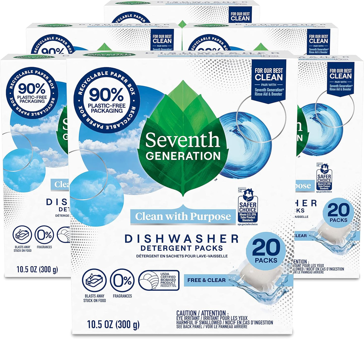 Seventh Generation Dishwasher Detergent Packs, Free & Clear, 45 Count, Pack of 2, Plant Powered Cleaning, Fights Greasy Reside & Stuck-On Food For Sparkling Dishes, Fragrance-Free & Septic Safe