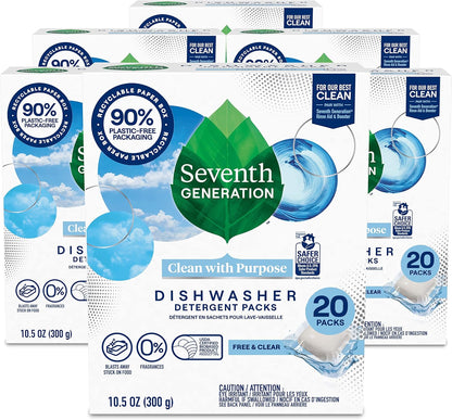 Seventh Generation Dishwasher Detergent Packs, Free & Clear, 45 Count, Pack of 2, Plant Powered Cleaning, Fights Greasy Reside & Stuck-On Food For Sparkling Dishes, Fragrance-Free & Septic Safe
