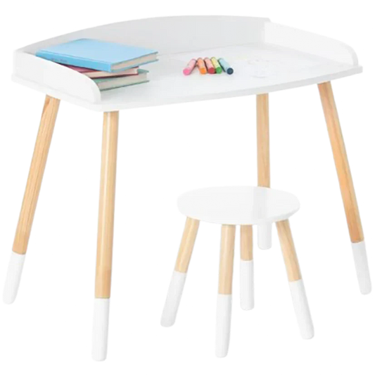 Modern Study Desk And Stool Set - White/Natural
