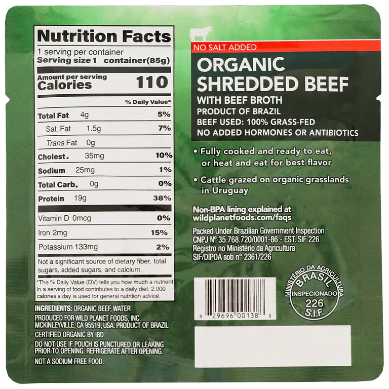 Organic Shredded Beef Single-Serve Pouch No Salt Added