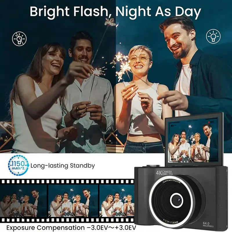 4K Portable Digital Camera with Flip Screen for Vlogging & Photography