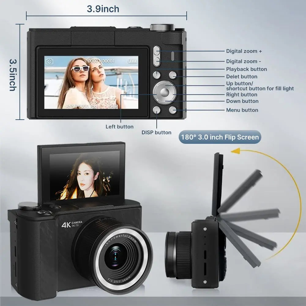 4K Portable Digital Camera with Flip Screen for Vlogging & Photography