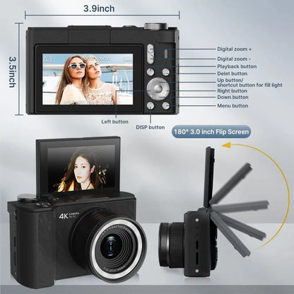 4K Portable Digital Camera with Flip Screen for Vlogging & Photography