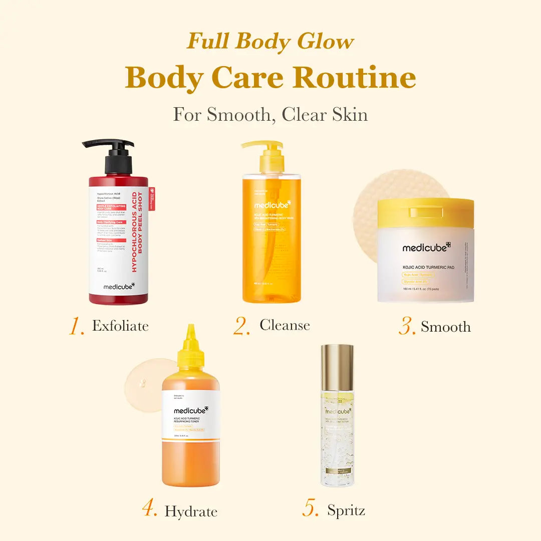Body Glow Routine Set – Kojic Acid Body Wash, Exfoliating Body Peel, Toner Pads, Body Toner & Mist | Smooth, Bright & Even-Looking Skin | Korean Body Care