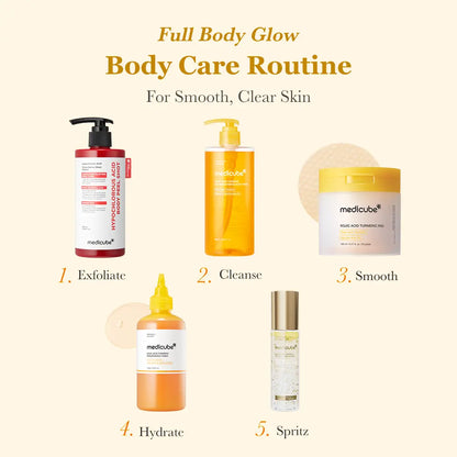 Body Glow Routine Set – Kojic Acid Body Wash, Exfoliating Body Peel, Toner Pads, Body Toner & Mist | Smooth, Bright & Even-Looking Skin | Korean Body Care