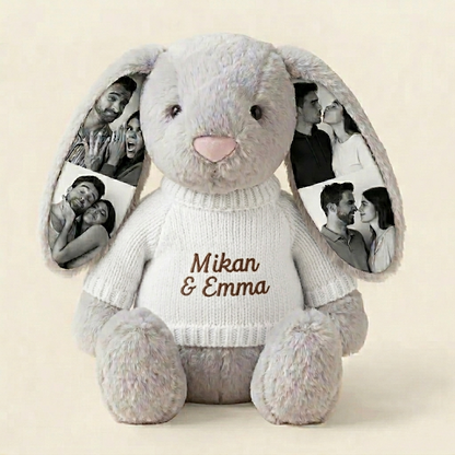 Custom Photo Bunny Plush – Personalized Hidden Ear Picture Bunny Gift for Couples Anniversary Gifts