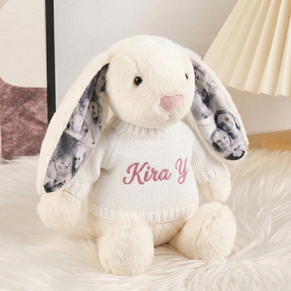 Custom Photo Bunny Plush – Personalized Hidden Ear Picture Bunny Gift for Couples Anniversary Gifts