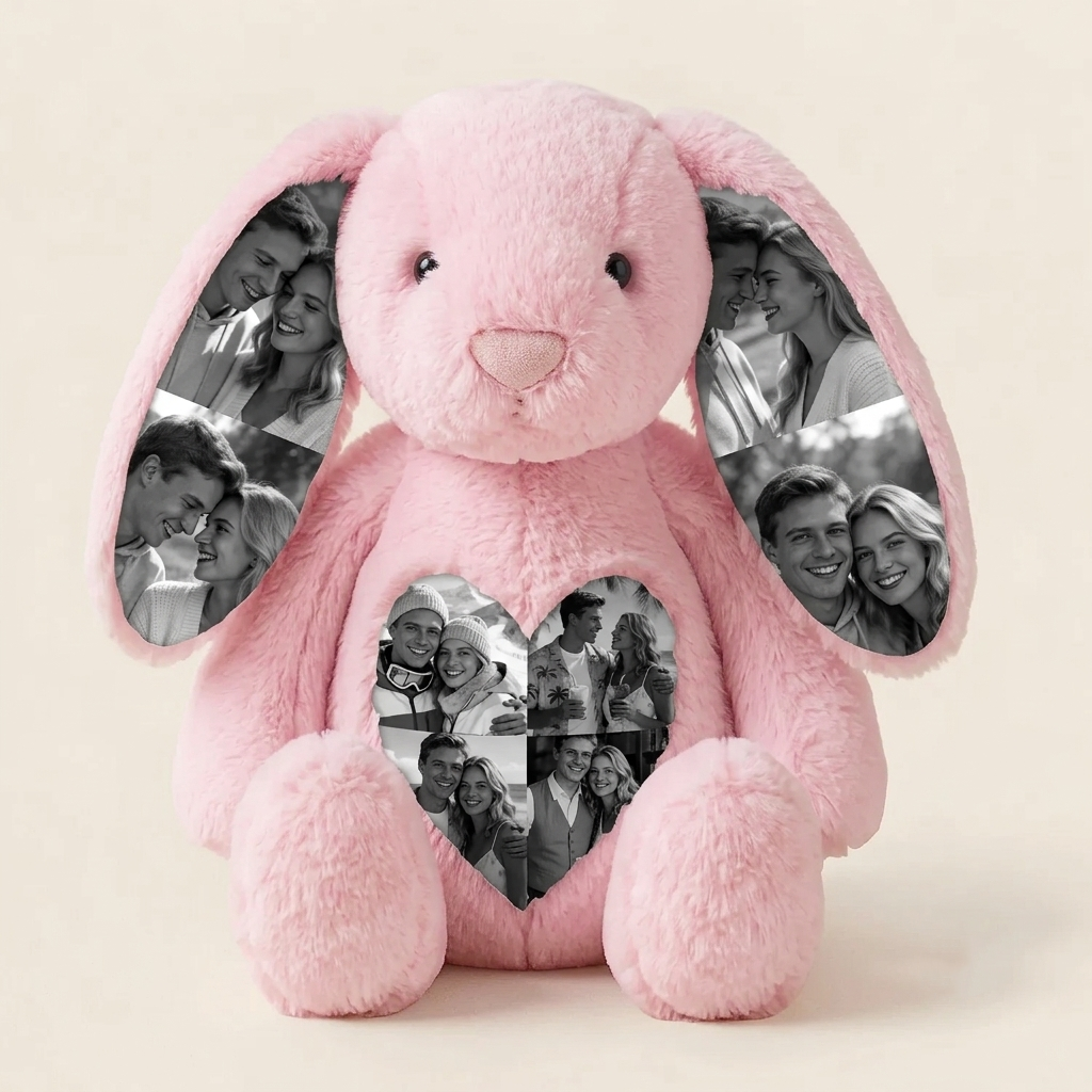 Custom Photo Bunny Plush – Personalized Hidden Ear Picture Bunny Gift for Couples Anniversary Gifts