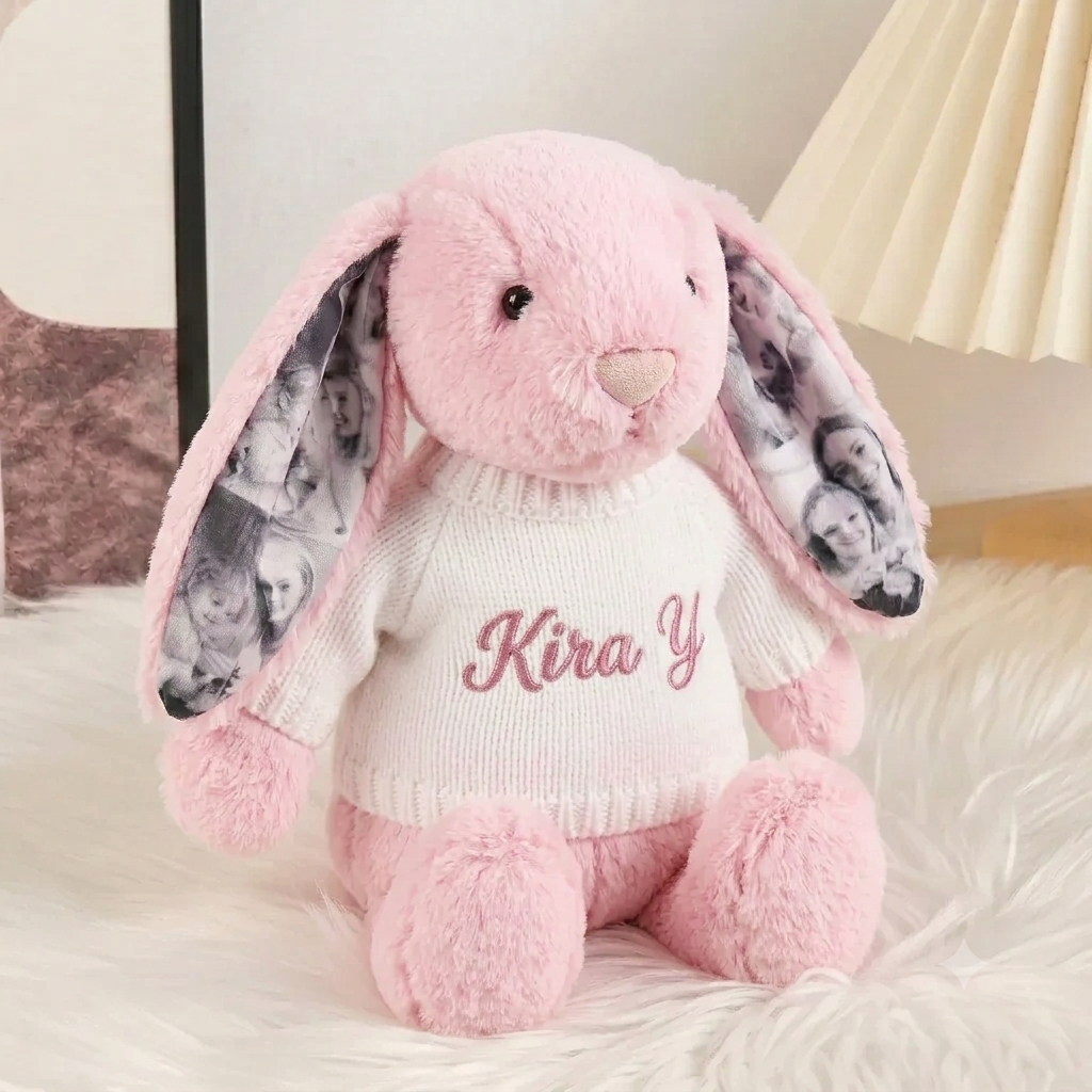 Custom Photo Bunny Plush – Personalized Hidden Ear Picture Bunny Gift for Couples Anniversary Gifts