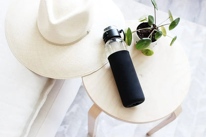 17oz Glass Water Bottle With Silicone Sleeve, Sport Cap - Black