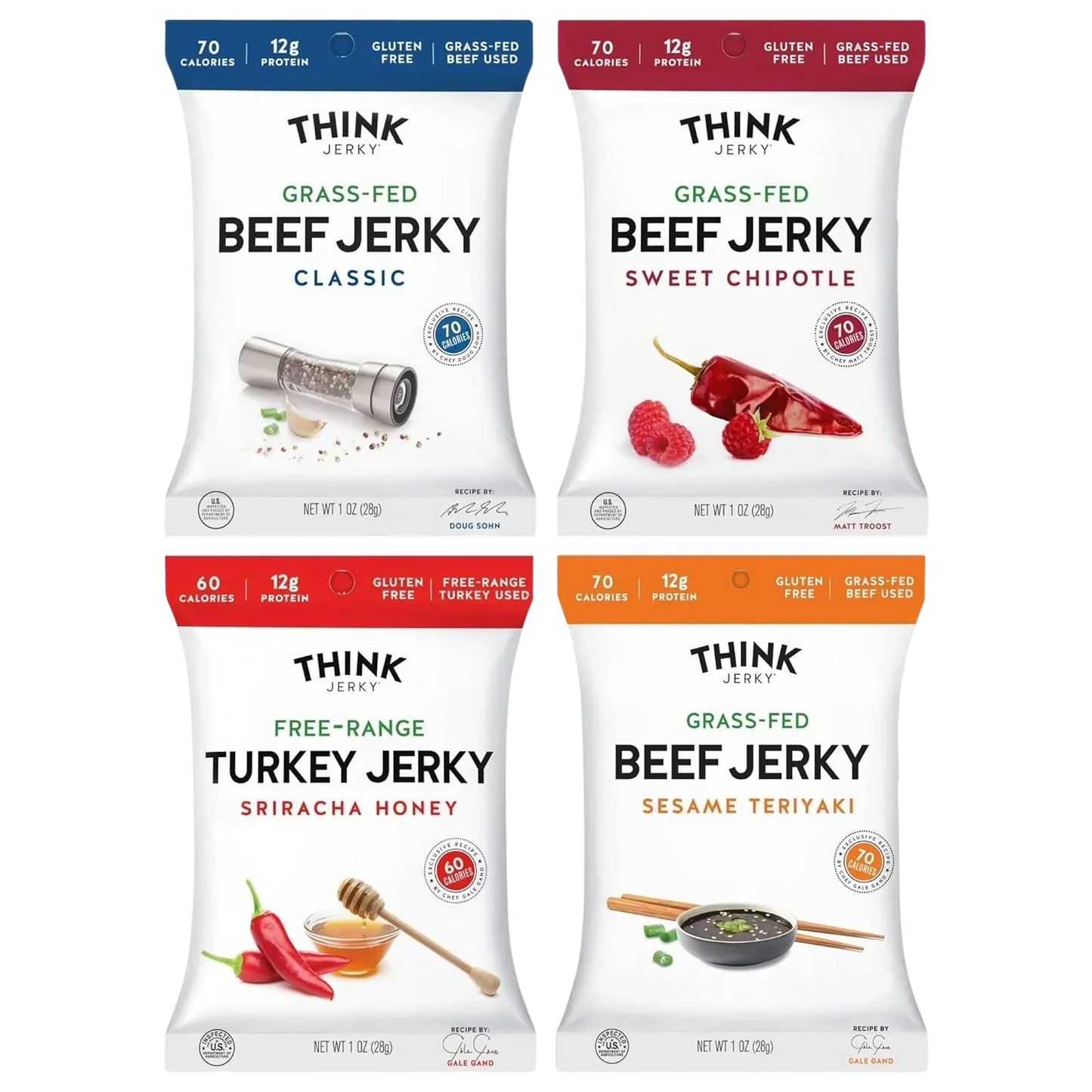 Beef and Turkey Jerky Variety, Original, Sweet Chipotle, Sriracha Honey (4 CT)