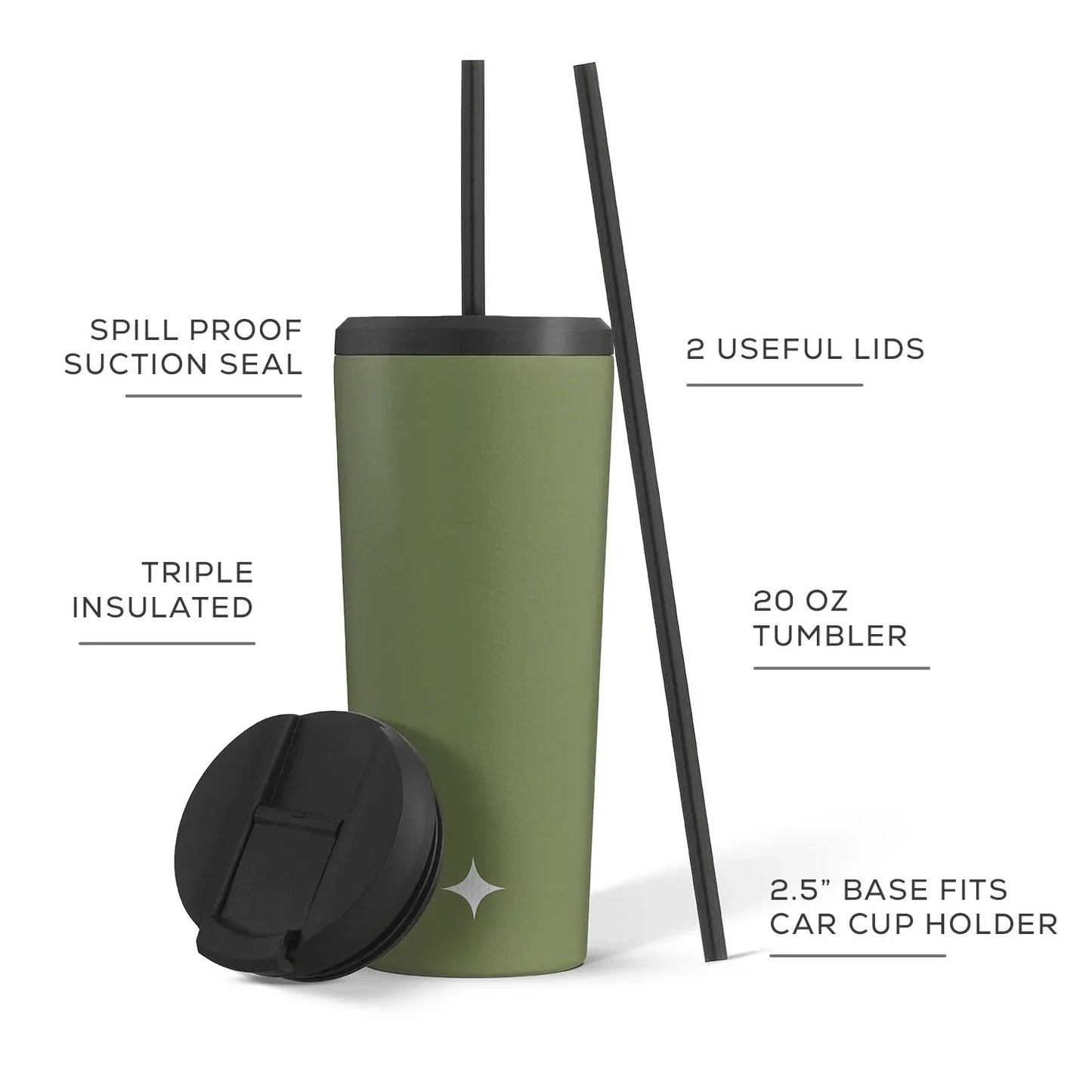 Vacuum Insulated Tumbler with Straw & Flip Lids (Green) 20oz