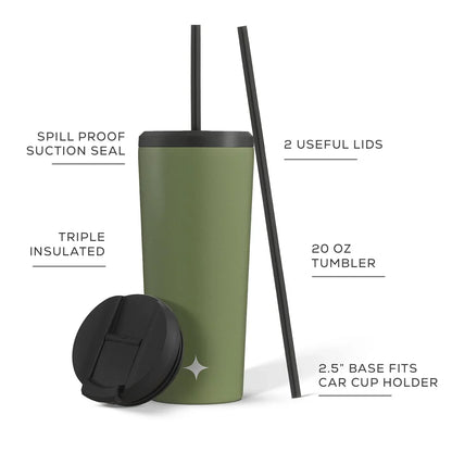 Vacuum Insulated Tumbler with Straw & Flip Lids (Green) 20oz