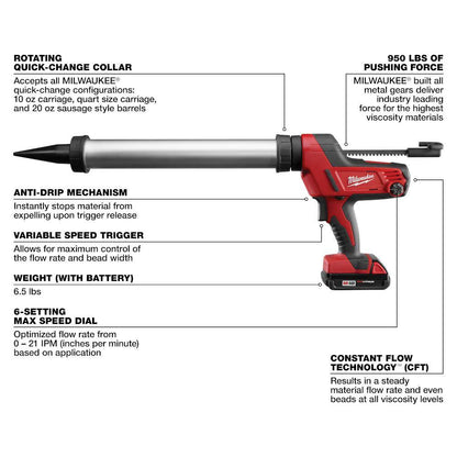 M18 18V Lithium-Ion Cordless 20 oz. Caulk and Adhesive Gun Kit Aluminum Sausage w/(1) 1.5Ah Battery, Charger