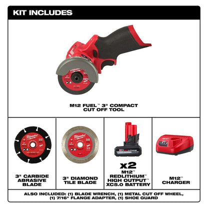 M12 FUEL 12V Lithium-Ion Brushless Cordless 3 in. Cut Off Saw w/M12 XC 5.0 Ah Battery (2-Pack) Starter Kit and Charger