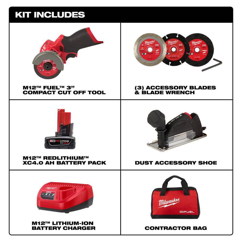 M12 FUEL 12V 3 in. Lithium-Ion Brushless Cordless Cut Off Saw Kit with One 4.0 Ah Battery Charger and Bag