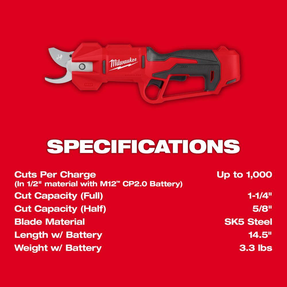 M12 12V Lithium-Ion Cordless Brushless Pruner Shears w/(2) 5.0 Ah High Output Battery, Charger