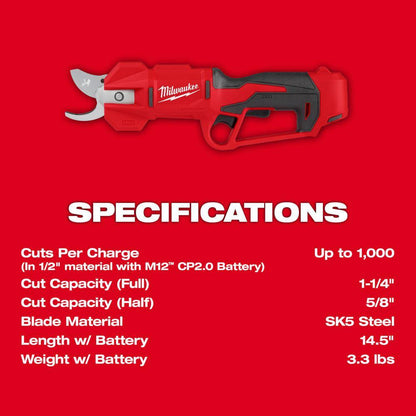 M12 12V Lithium-Ion Cordless Brushless Pruner Shears w/(2) 5.0 Ah High Output Battery, Charger