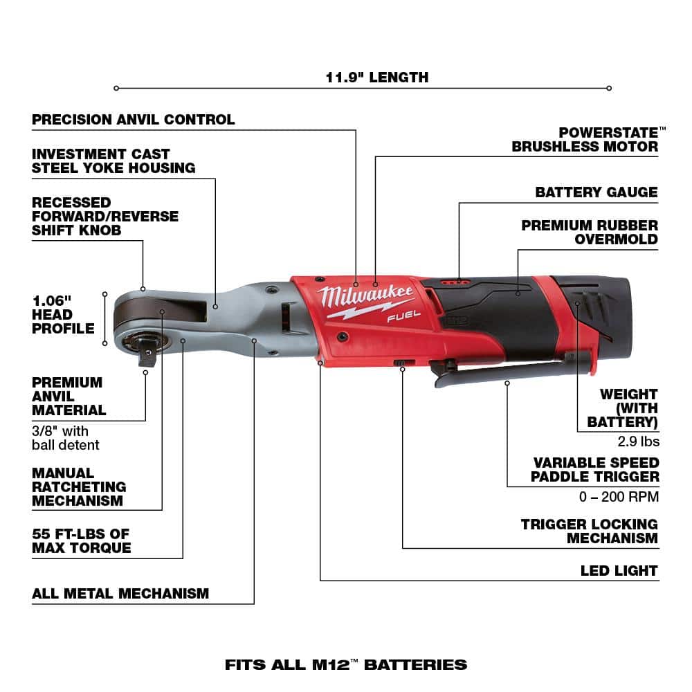 M12 FUEL 12V Lithium-Ion Brushless Cordless 3/8 in. Ratchet Kit with (2) 2.0Ah Batteries, Charger & Tool Bag