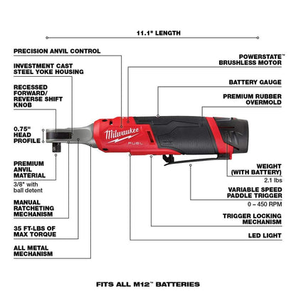 M12 FUEL 12V Lithium-Ion Brushless Cordless High Speed 3/8 in. Ratchet Kit w/(2) Batteries, Charger and Bag