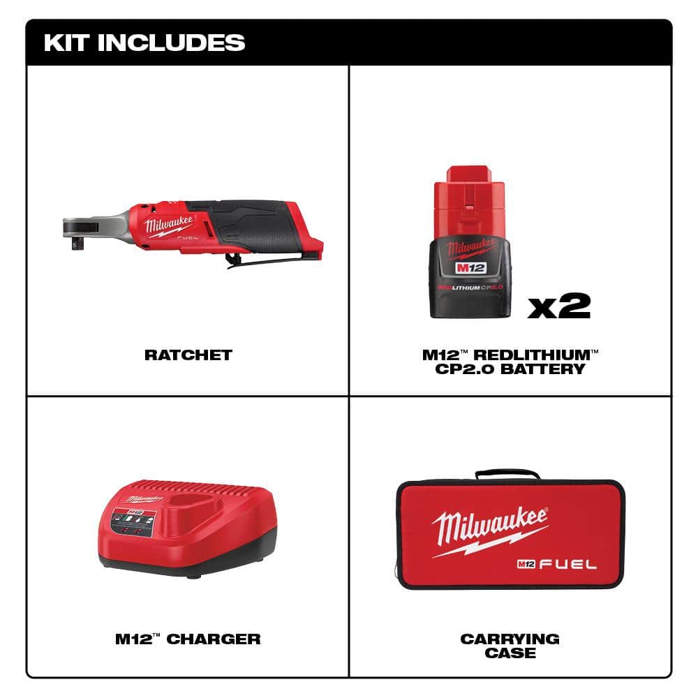 M12 FUEL 12V Lithium-Ion Brushless Cordless High Speed 3/8 in. Ratchet Kit w/(2) Batteries, Charger and Bag