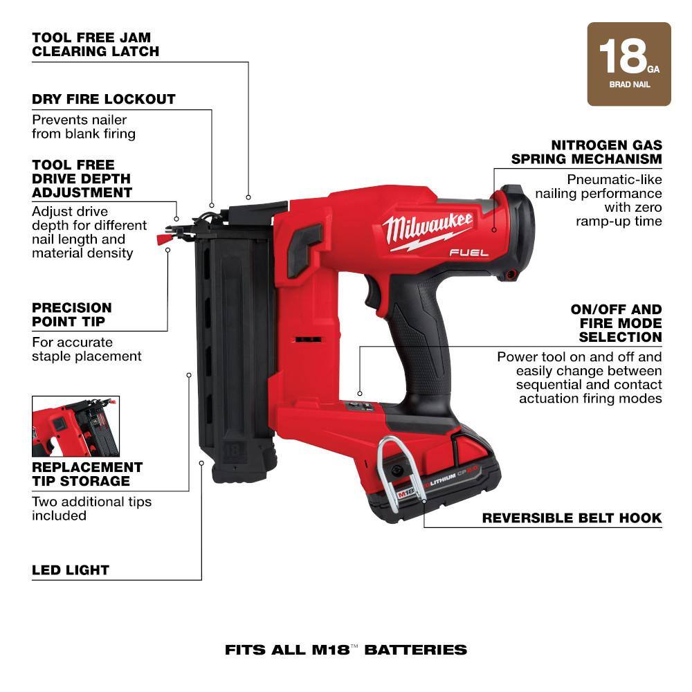 M18 FUEL GEN II 18-Volt 18-Gauge Lithium-Ion Brushless Cordless Brad Nailer Kit with One 2.0 Ah Battery, Charger and Bag