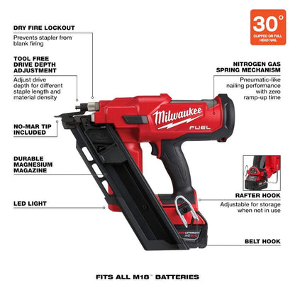 M18 FUEL 3-1/2 in. 18-Volt 30-Degree Lithium-Ion Brushless Cordless Framing Nailer Kit with 5.0 Ah Battery Charger, Bag