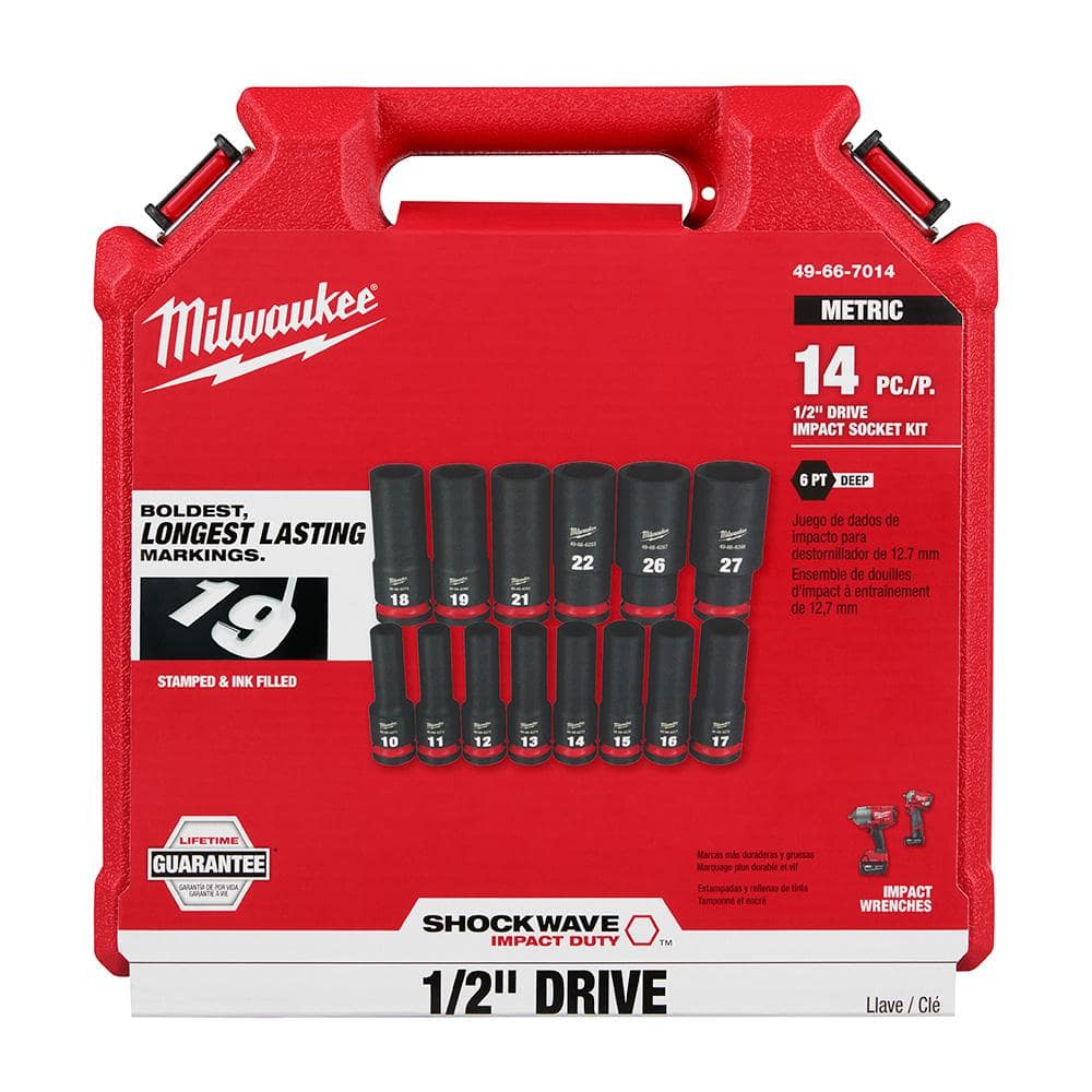 SHOCKWAVE 1/2 in. Drive Metric Deep Well 6 Point Impact Socket Set (14-Piece)