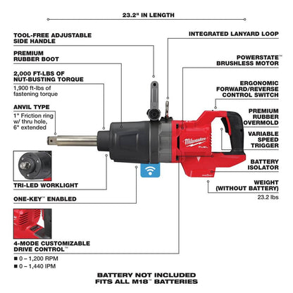 M18 FUEL 18V Lithium Ion Brushless Cordless 1 in. Impact Wrench Extended Reach D Handle and HIGH OUTPUT 12Ah Battery