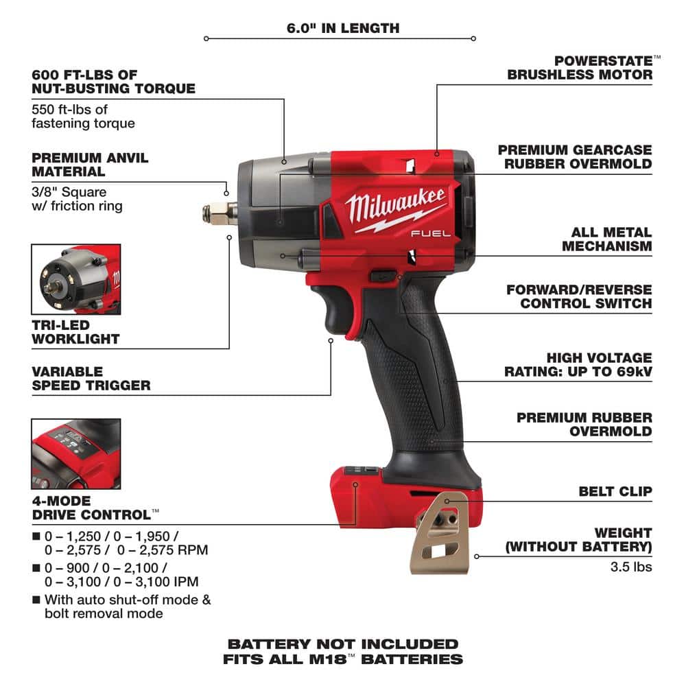 M18 FUEL GEN-2 18V Lithium-Ion Mid Torque Brushless Cordless 3/8 in. Impact w F Ring w/5.0 ah Resistant Battery