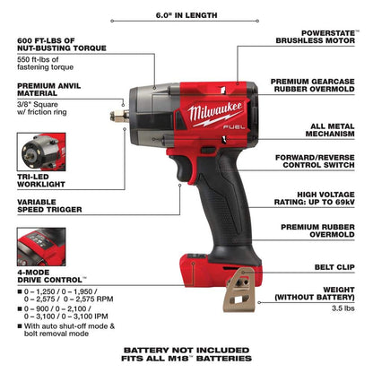 M18 FUEL GEN-2 18V Lithium-Ion Mid Torque Brushless Cordless 3/8 in. Impact Wrench with Friction Ring (Tool-Only)