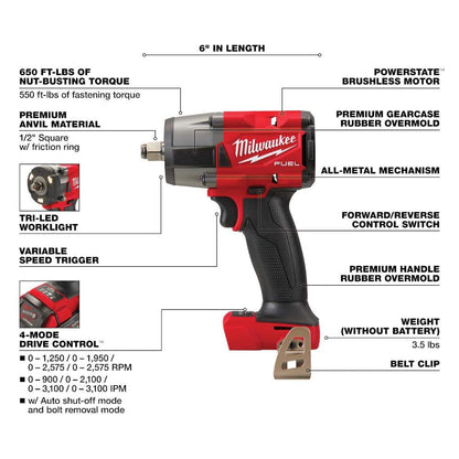 M18 FUEL 18V Lithium-Ion Brushless Cordless 1/2 in. Impact Wrench with Mid Torque Impact Wrench (2-Tool)