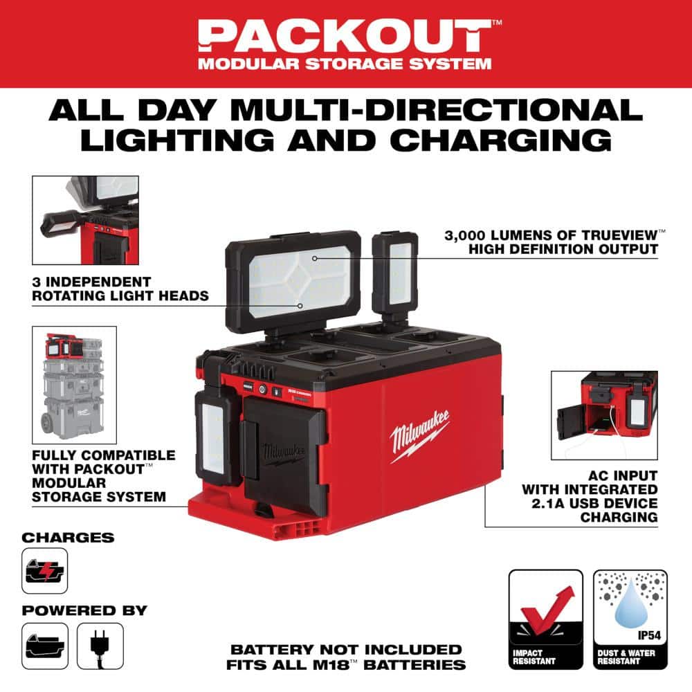 M18 18-Volt Lithium-Ion Cordless PACKOUT 3000 Lumens LED Light with Built-In Charger