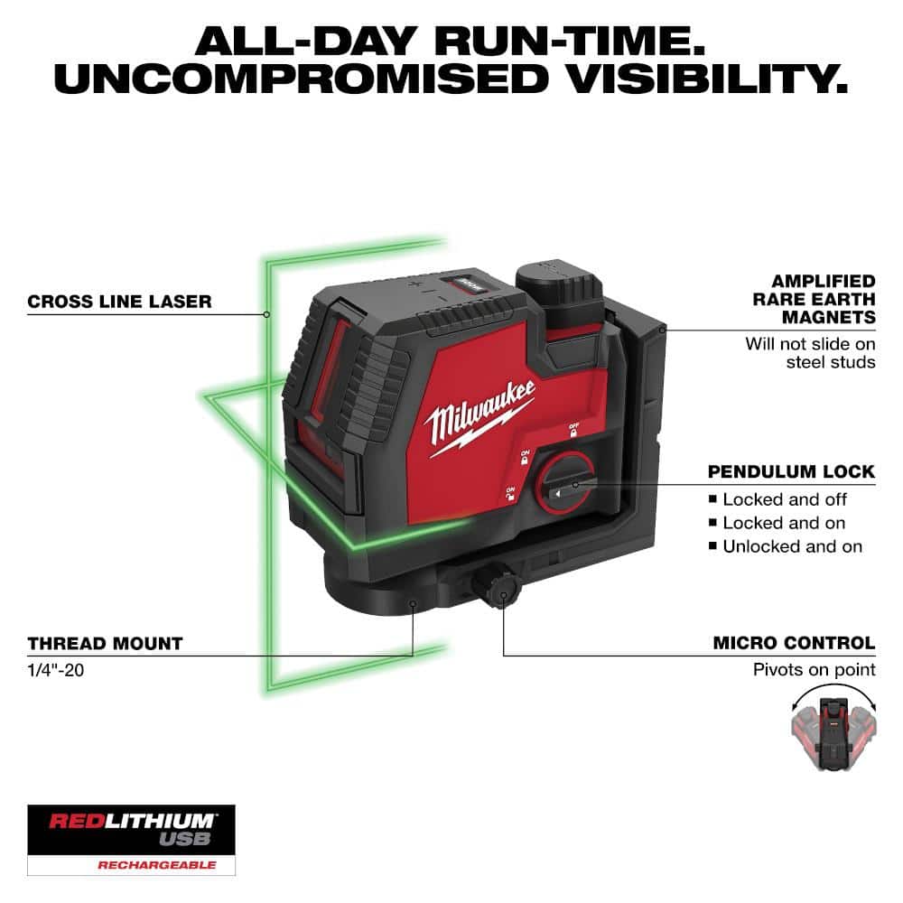 100 ft. REDLITHIUM Lithium-Ion USB Green Rechargeable Cross Line Laser Level with Charger