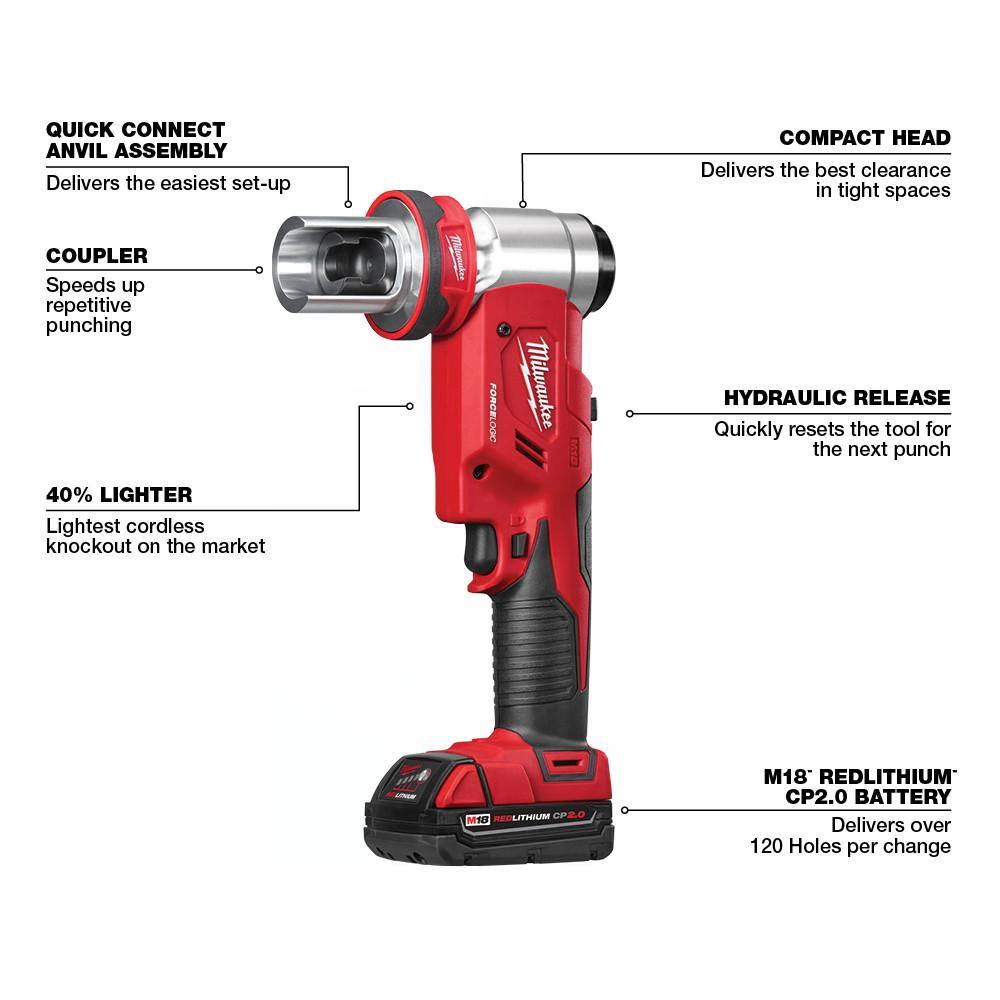 M18 18V Lithium-Ion Cordless FORCE LOGIC 6 Ton Knockout Tool 1/2 in. to 2 in. Kit w/(1) 2.0 Ah Battery, Die Set