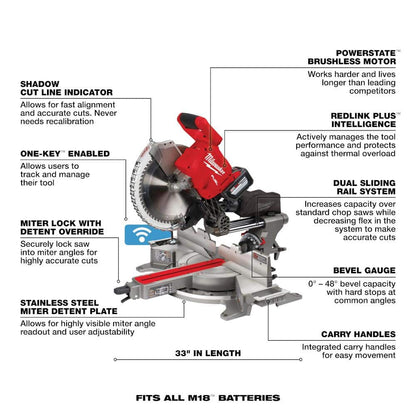 M18 FUEL 18V Lithium-Ion Brushless Cordless 12 in. Dual Bevel Sliding Compound Miter Saw Kit with One 12.0Ah Battery