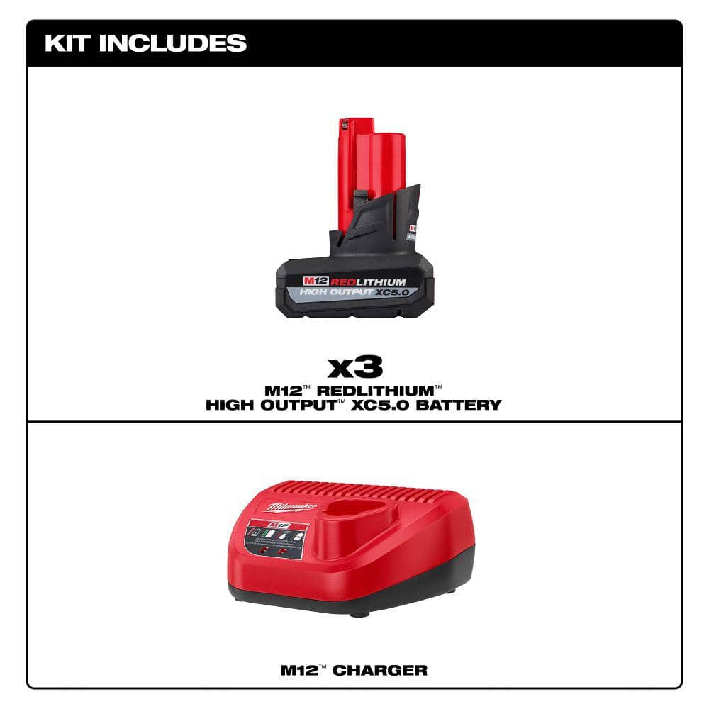 M12 12V Lithium-Ion XC High Output 5.0 Ah Battery Pack (3-Pack) with Charger