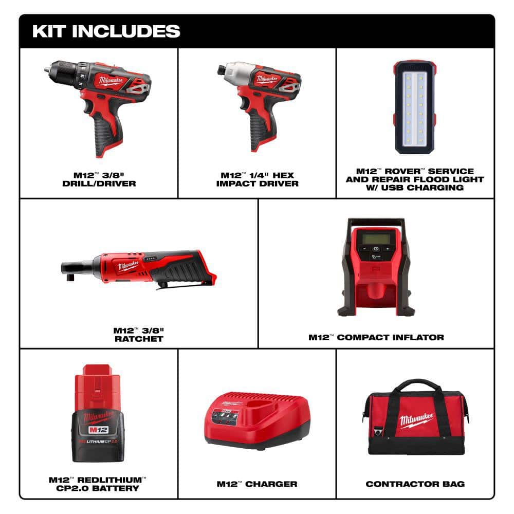 M12 12V Lithium-Ion Cordless Combo Kit with Two 2.0Ah Batteries, Charger and Bag (5-Tool)