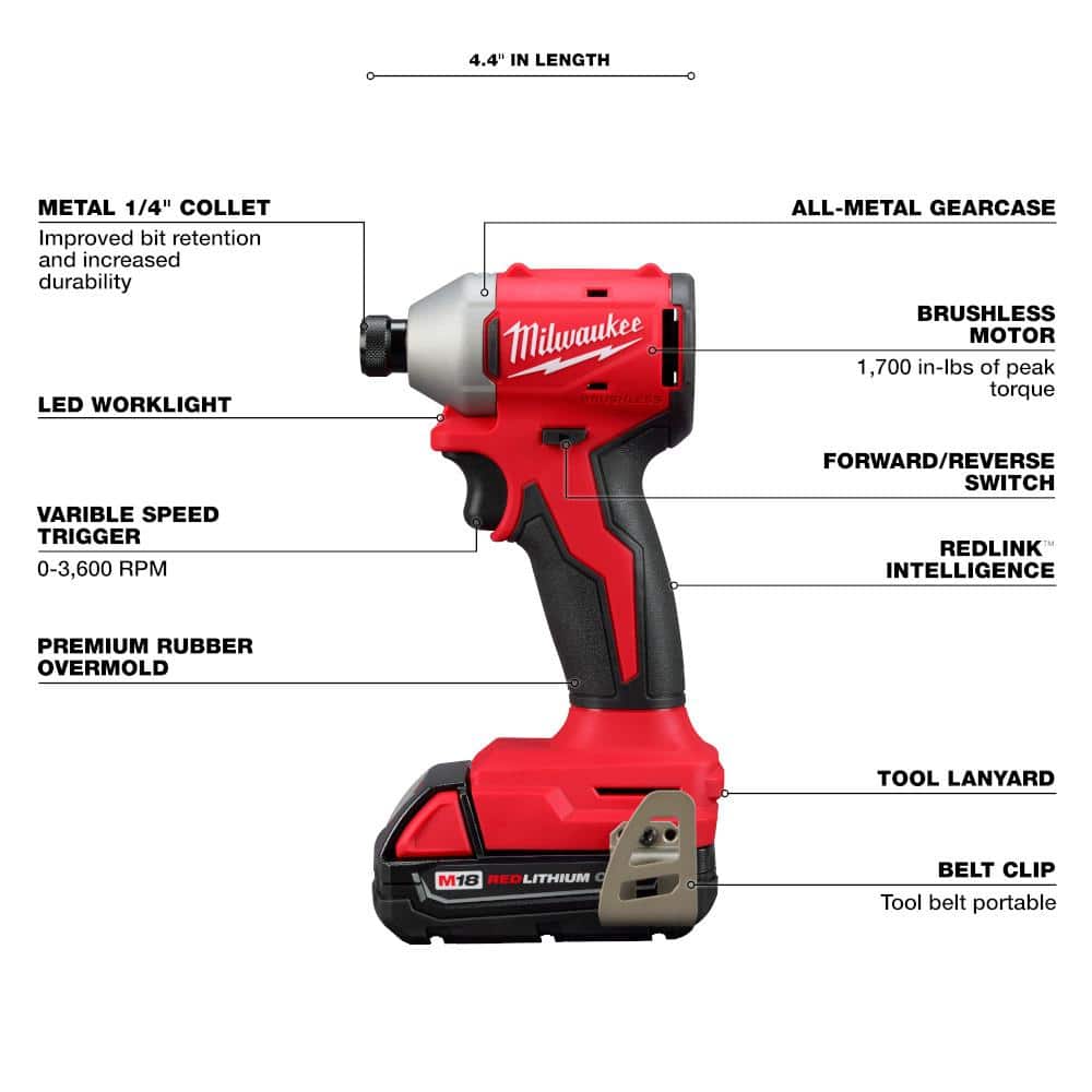 M18 18V Lithium-Ion Brushless Cordless Compact Drill/Impact Combo Kit (2-Tool) w/(2) 2.0 Ah Batteries w/5.0 Ah Battery