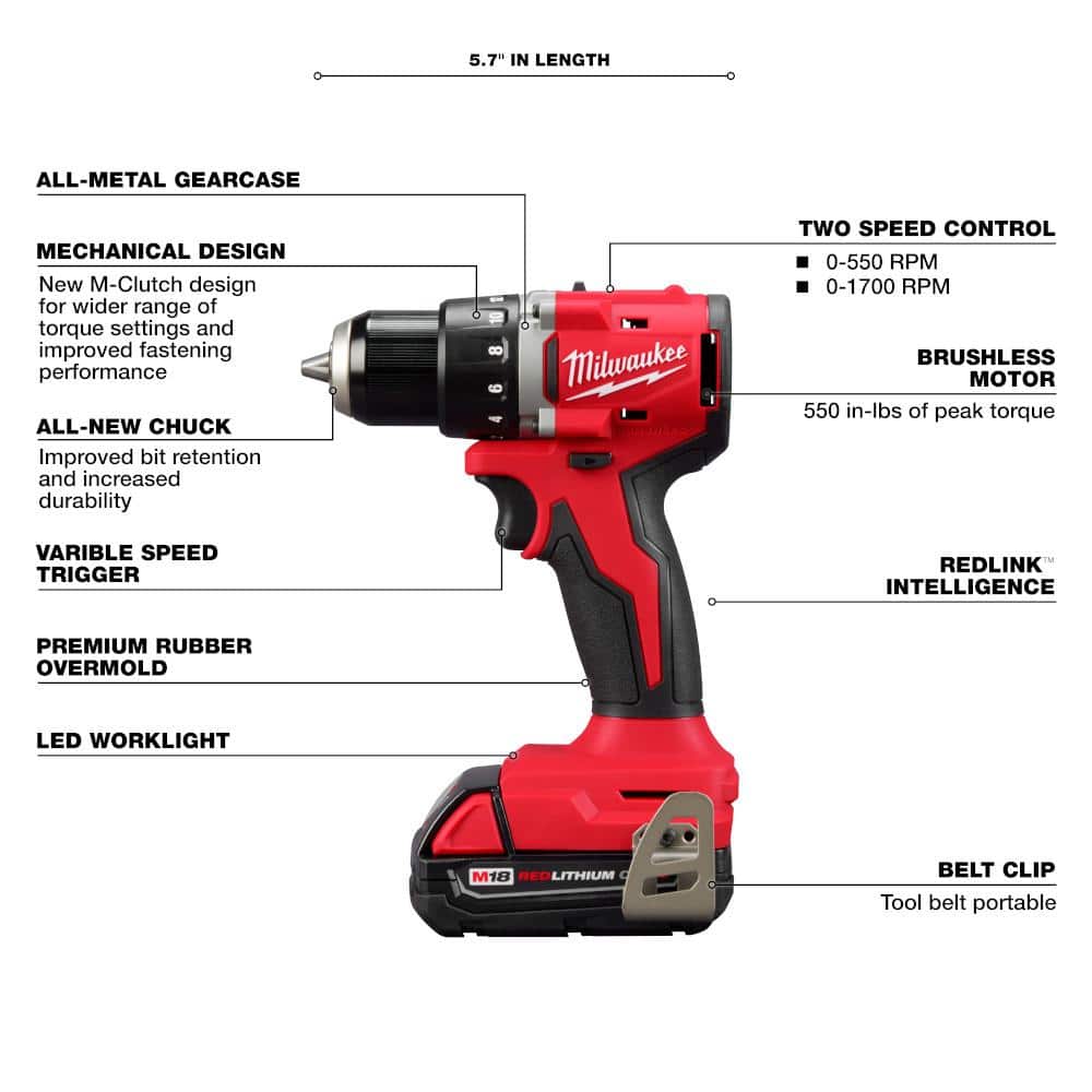 M18 18V Lithium-Ion Brushless Cordless Compact Drill/Impact Combo Kit (2-Tool) w/(2) 2.0 Ah Batteries w/5.0 Ah Battery