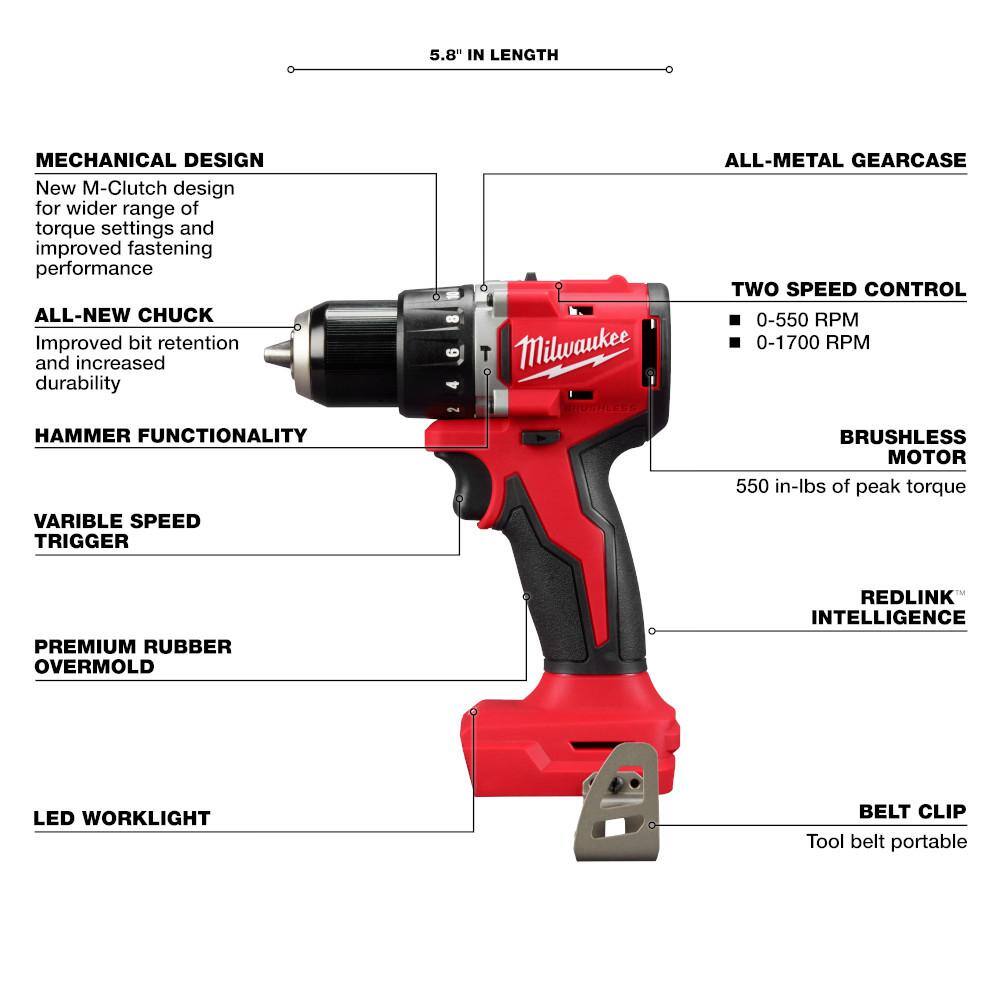 M18 18-Volt Lithium-Ion Brushless Cordless Compact Hammer Drill/Impact Combo Kit (2-Tool) with (2) Batteries, Bag