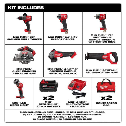 M18 FUEL 18V Lithium-Ion Brushless Cordless Combo Kit W/(2) 5.0Ah Batteries, Charger & (2) Tool Bags (10-Tool)