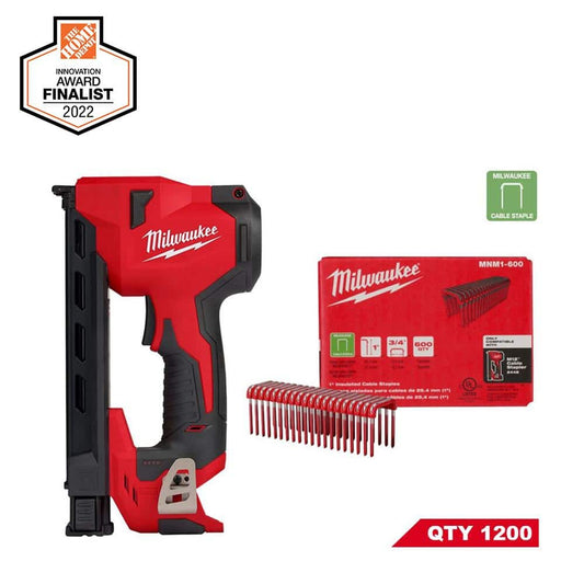 M12 12 Volt Lithium Ion Cordless Cable Stapler w/1 in. Insulated Cable Staples 600 Per Box (2-Pack)